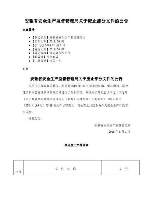 安徽省安全生产监督管理局关于废止部分文件的公告