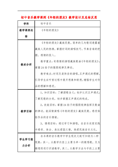 初中音乐教学课例《年轻的朋友》课程思政核心素养教学设计及总结反思