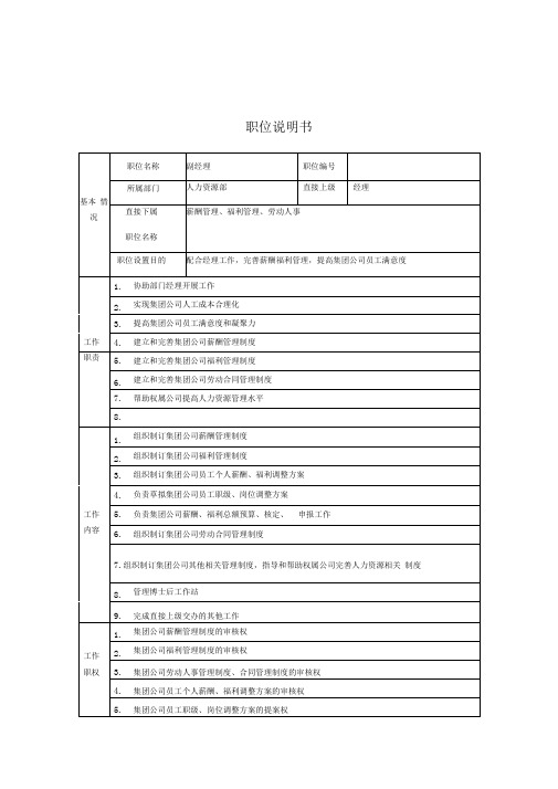 人力资源部副经理职务说明