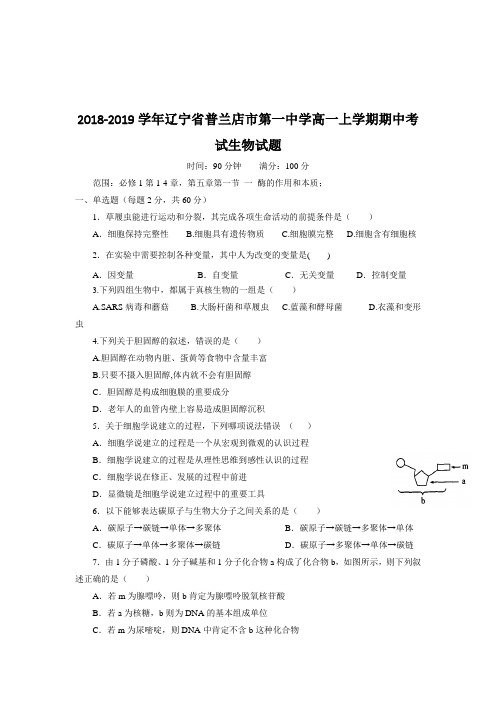 2018-2019学年辽宁省普兰店市第一中学高一上学期期中考试生物试题