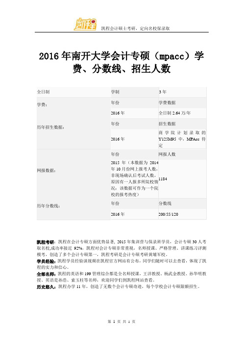 2016年南开大学会计专硕(mpacc)学费、分数线、招生人数