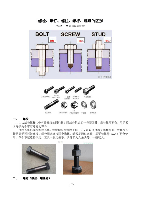 螺栓、螺钉、螺柱、螺杆、螺母的区别