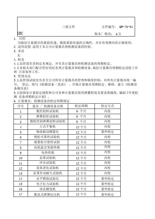 计量器具检定周期规定