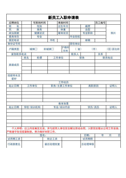 新员工入职申请表