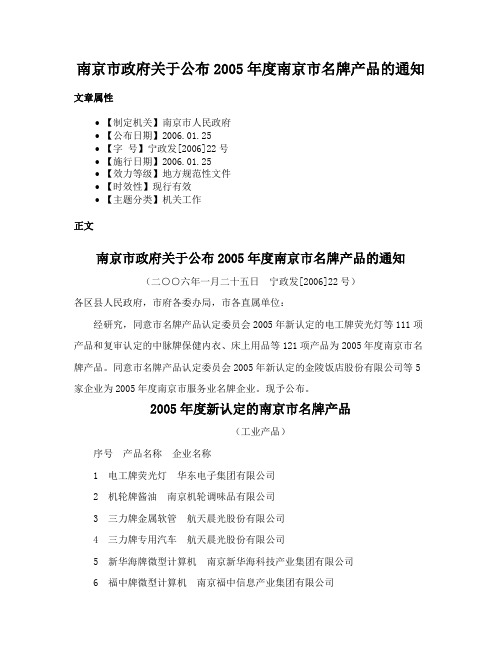 南京市政府关于公布2005年度南京市名牌产品的通知