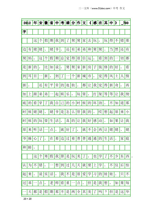 中考作文：2012年安徽省中考满分作文《感在其中》_700字