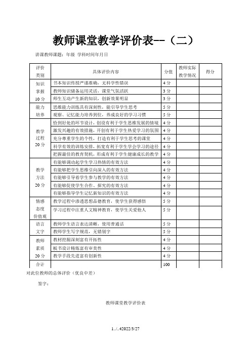 教师课堂教学评价表