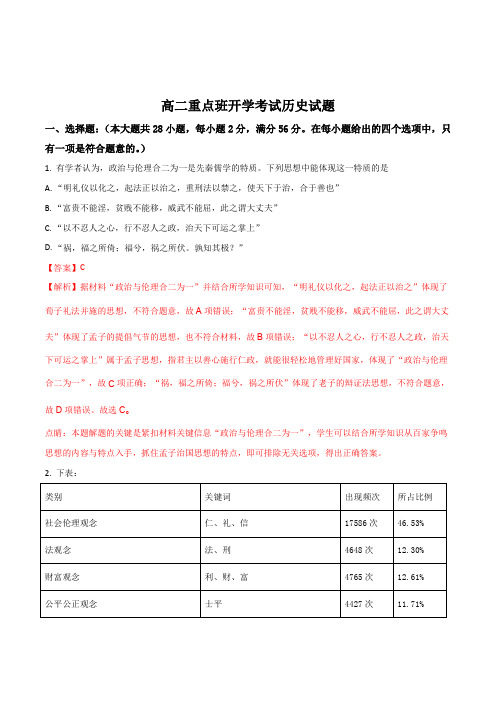 陕西省黄陵中学2017-2018学年高二(重点班)下学期开学考试历史试题(解析版)
