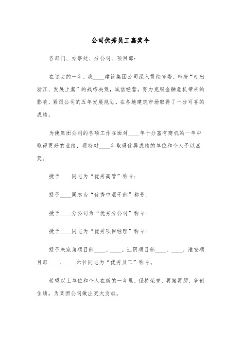 公司优秀员工嘉奖令（2篇）