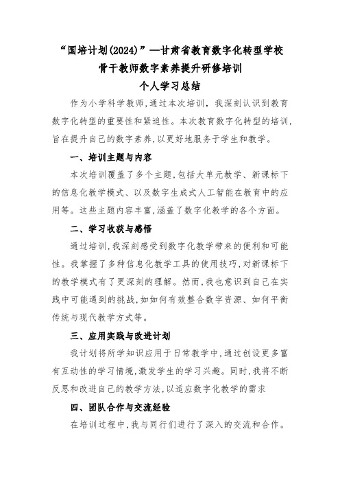 “国培计划(2024)”—甘肃省教育数字化转型学校骨干教师数字素养提升研修培训个人学习总结