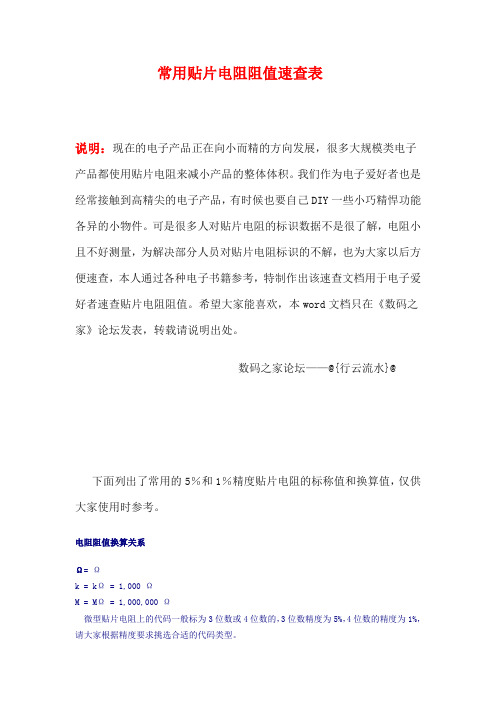 贴片电阻阻值表