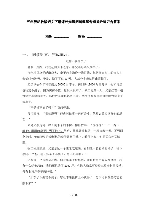 五年级沪教版语文下册课外知识阅读理解专项提升练习含答案