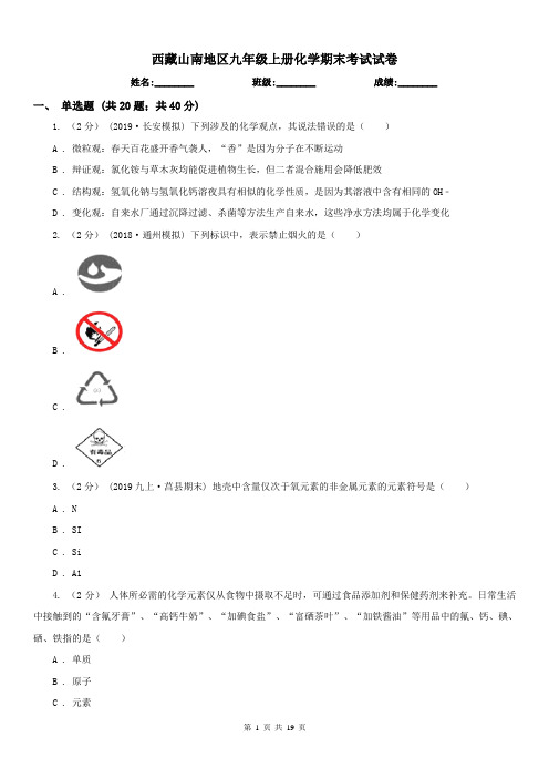 西藏山南地区九年级上册化学期末考试试卷