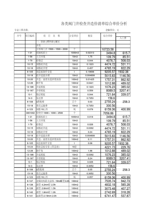 各类阀门井、检查井造价清单分析表