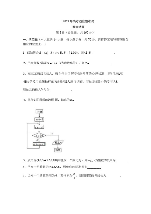 2019年江苏省盐城市高考考前适应性考试数学试卷(含附加题)