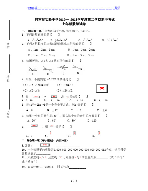 河南省实验中学2012-2013学年七年级下数学期中考试试卷