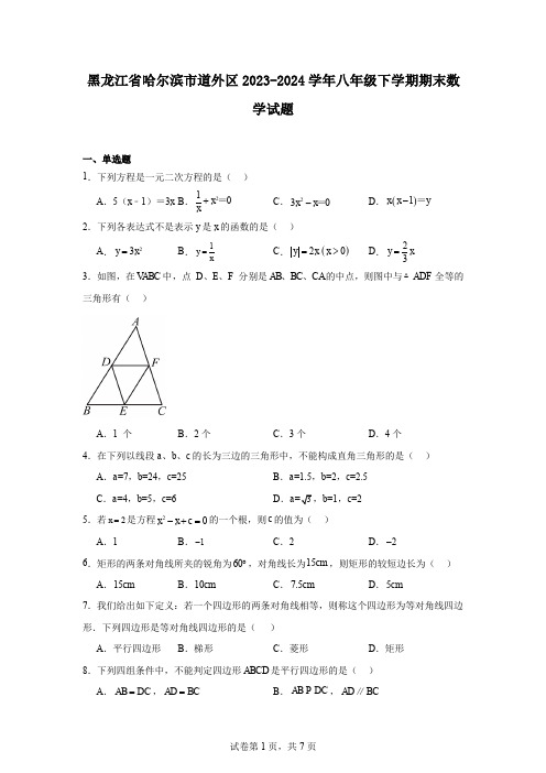 黑龙江省哈尔滨市道外区2023-2024学年八年级下学期期末数学试题