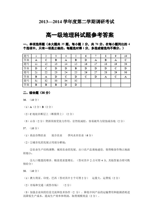 2014年普通高中期末考试高一地理参考答案