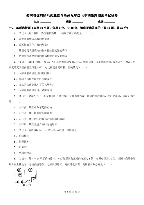 云南省红河哈尼族彝族自治州九年级上学期物理期末考试试卷