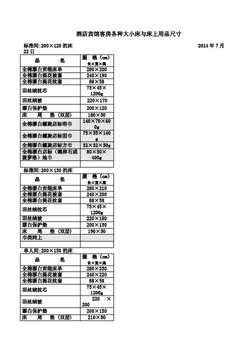 详细说明酒店宾馆客房床和床上用品尺寸