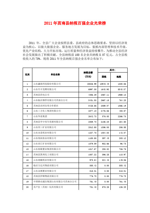 2011年莒南县纳税百强企业名单