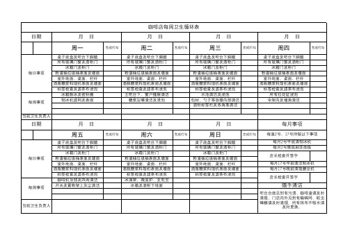 咖啡店每周卫生循环表