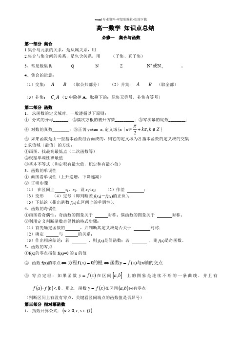 高一数学知识点总结-填空版