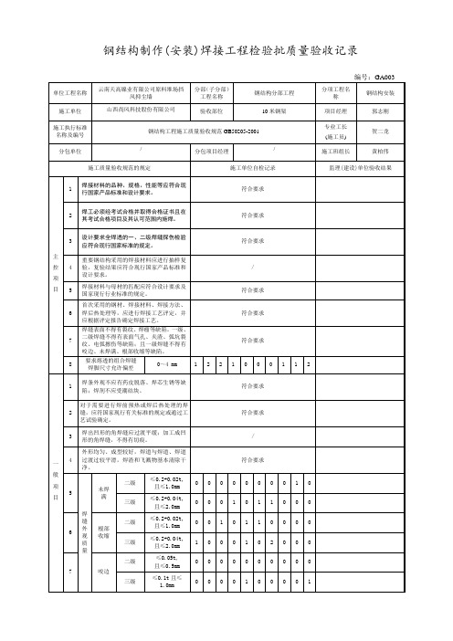 钢结构制作(安装)焊接工程检验批质量验收记录