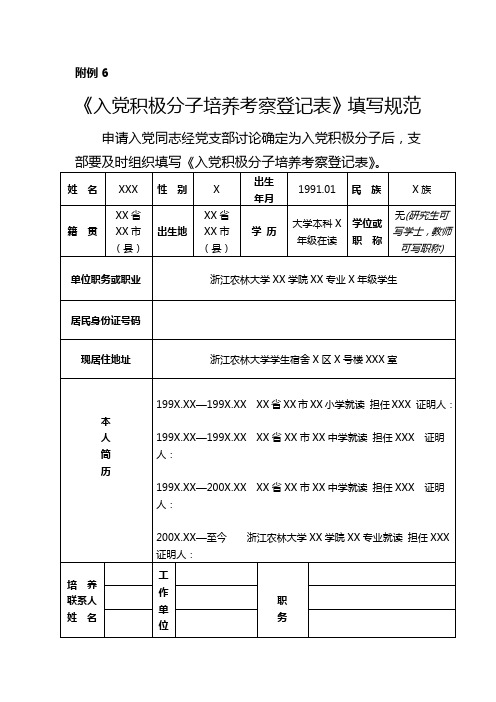 附例6《入党积极分子培养考察登记表》填写规范