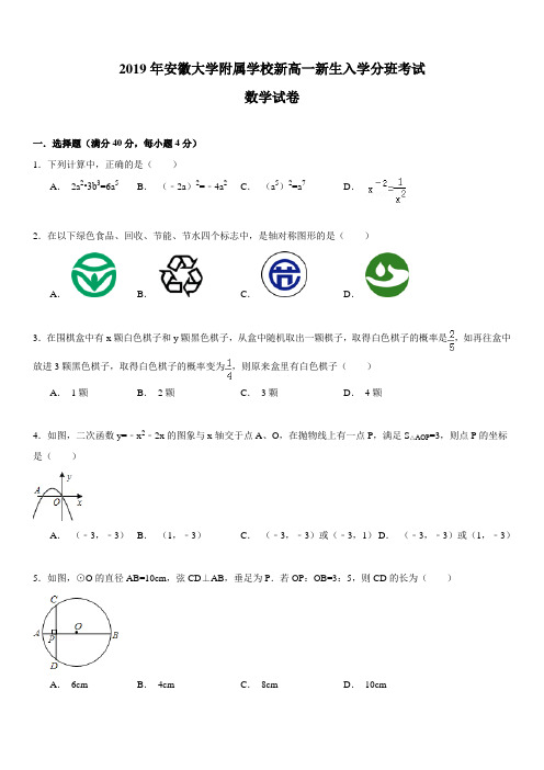 2019年安徽大学附属学校新高一新生入学分班考试数学试卷-含解析