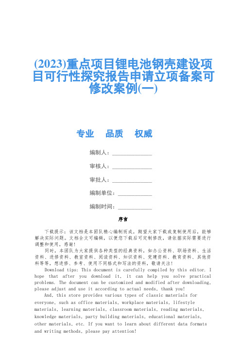 (2023)重点项目锂电池钢壳建设项目可行性研究报告申请立项备案可修改案例(一)