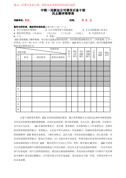 职代会或民管会后备干部民主测评推荐表