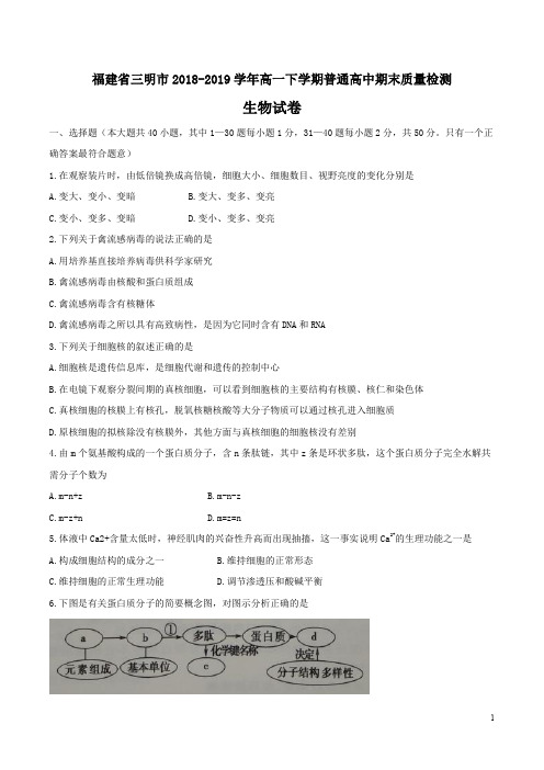 福建省三明市2018-2019学年高一下学期普通高中期末质量检测生物试题