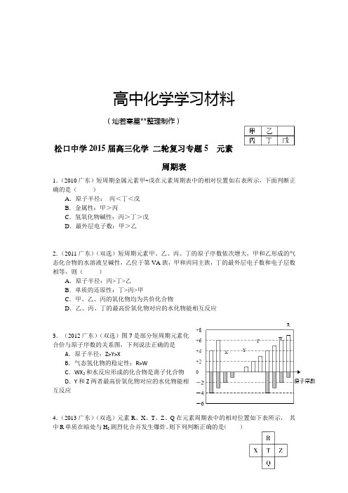 高考化学复习广东省梅县松口中学高三化学二轮专题复习专题五元素周期表.docx