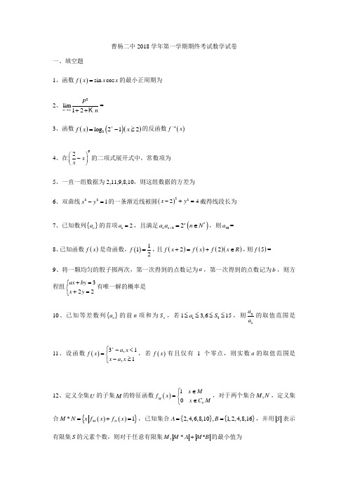 上海市2018-2019学年曹杨二中高三上期末数学期末试卷