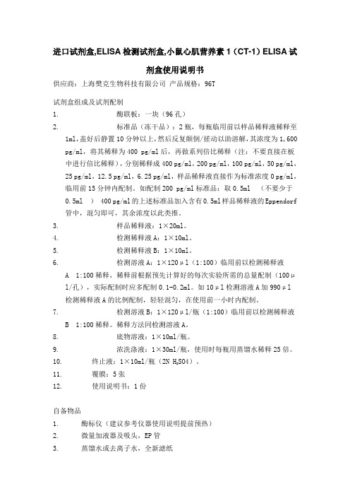 进口试剂盒,ELISA检测试剂盒,小鼠心肌营养素1(CT-1)ELISA试剂盒使用说明书