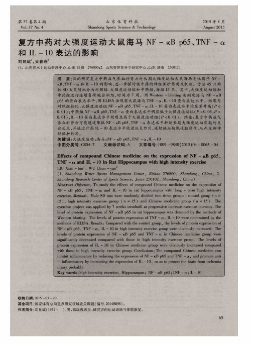 复方中药对大强度运动大鼠海马 NF -κB p65、TNF -α和 IL -10表达的影响