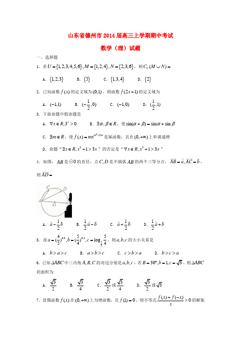 山东省德州市2014届高三数学上学期期中试题 理 新人教A版