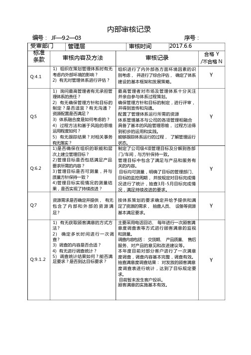 质量体系各部门内审检查表及审核记录