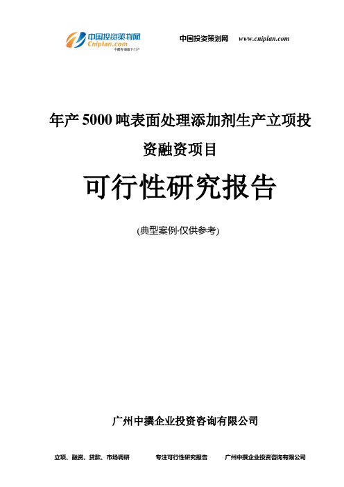 年产5000吨表面处理添加剂生产融资投资立项项目可行性研究报告(非常详细)