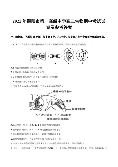 2021年濮阳市第一高级中学高三生物期中考试试卷及参考答案