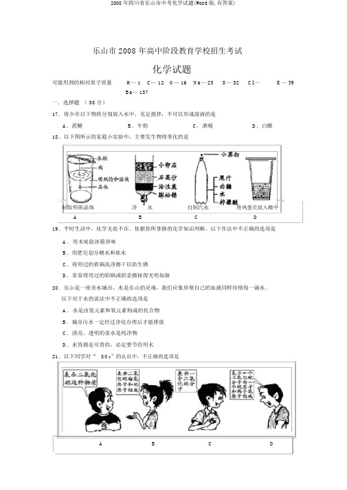 2008年四川省乐山市中考化学试题(Word版,有答案)