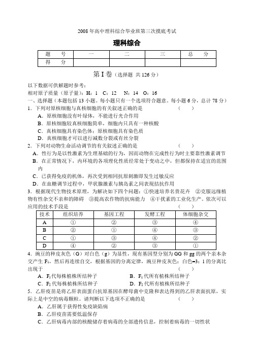 08年高中理科综合毕业班第三次摸底考试