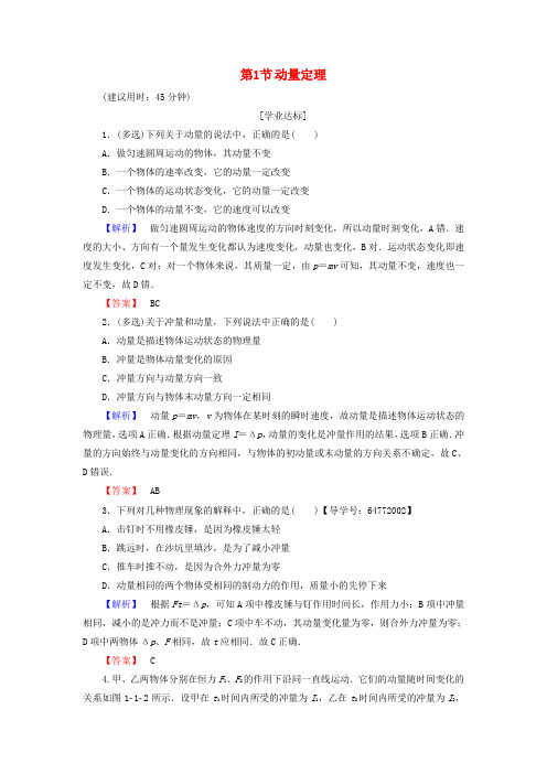 2018版高中物理 学业分层测评1 第1章 动量守恒研究 第1节 动量定理 鲁科版选修3-5