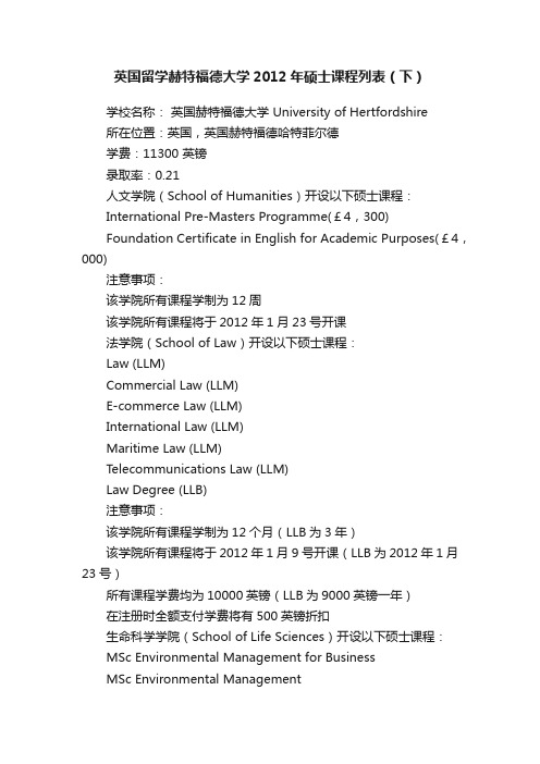 英国留学赫特福德大学2012年硕士课程列表（下）