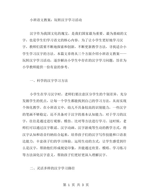 小班语文教案：玩转汉字学习活动