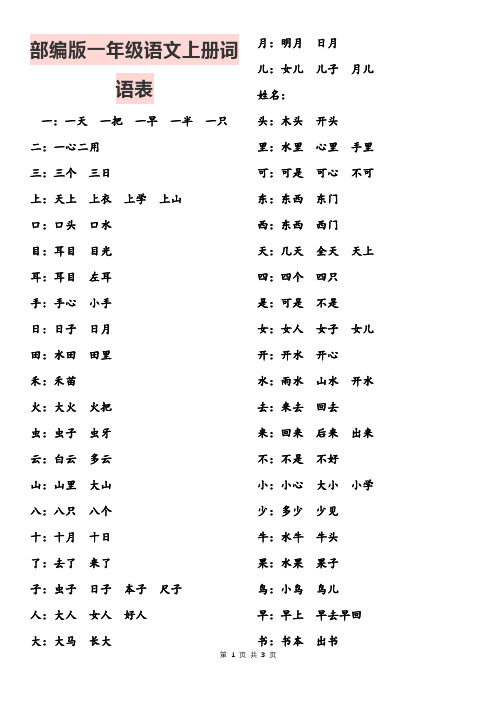 部编一年级语文上册词语表