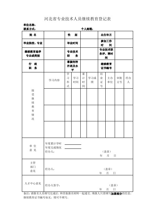 河北省专业技术人员继续教育登记表