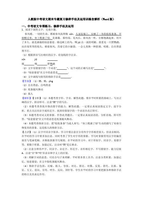 人教版中考语文期末专题复习修辞手法及运用训练含解析(Word版)