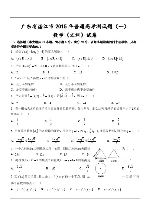 广东省湛江市2015年普通高考测试题(一)数学(文科)试卷